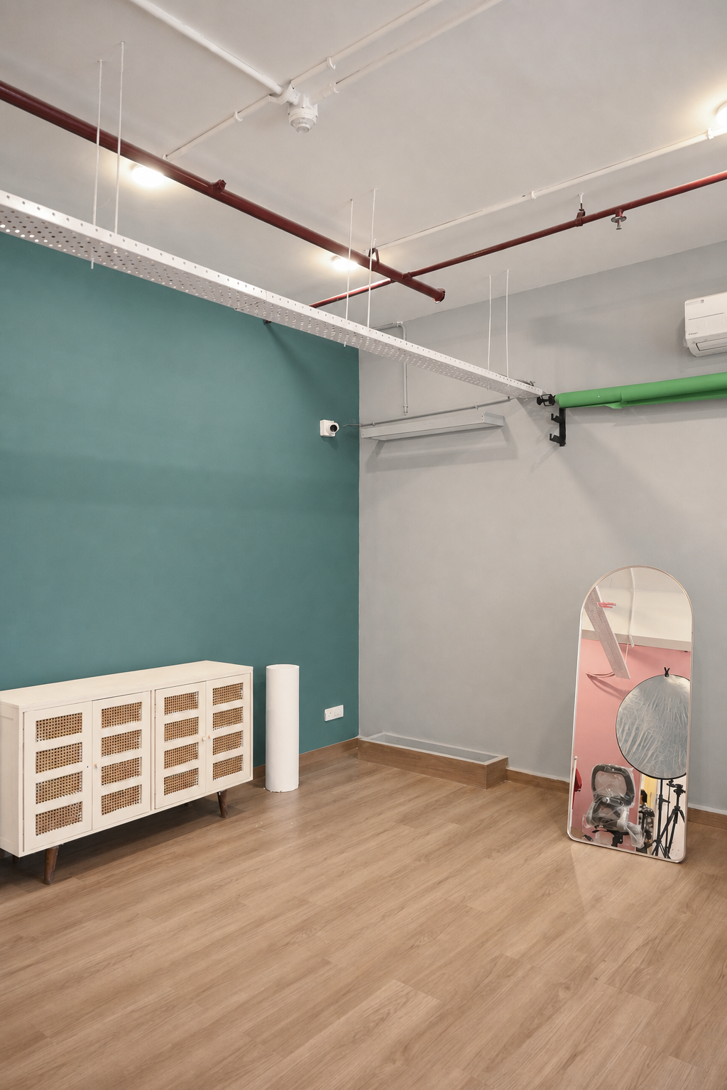 Teal and grey studio walls