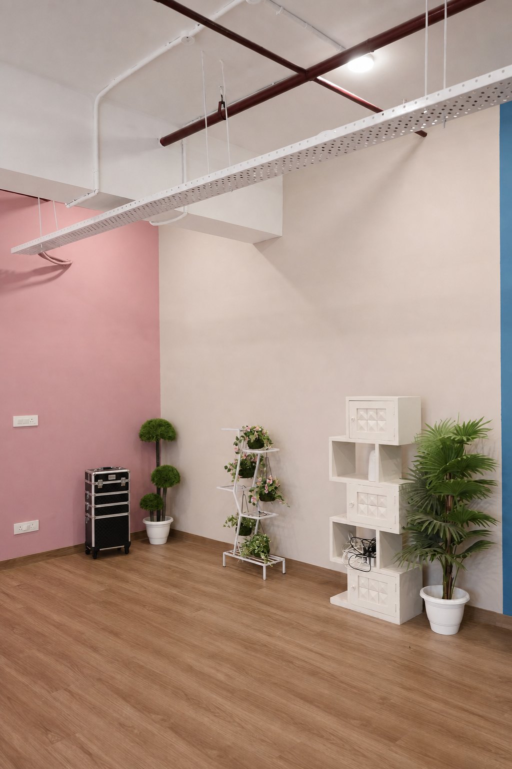 Blush pink and beige studio walls with plants storage cubes and open floor space