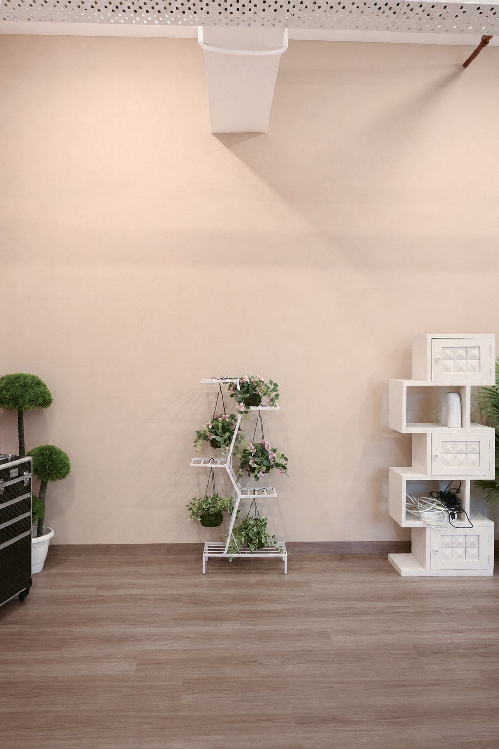 Beige studio wall with plants white storage cubes and open floor space