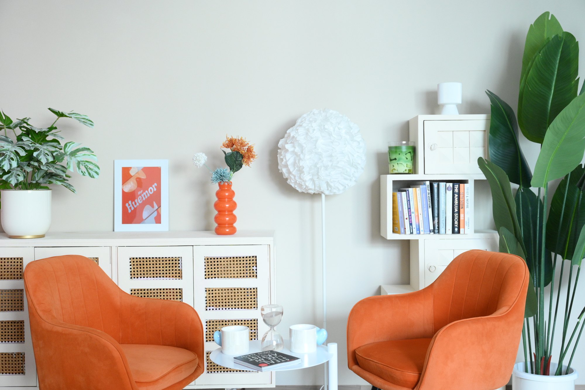 Bright two-chair studio set prepared for interviews and branded video content