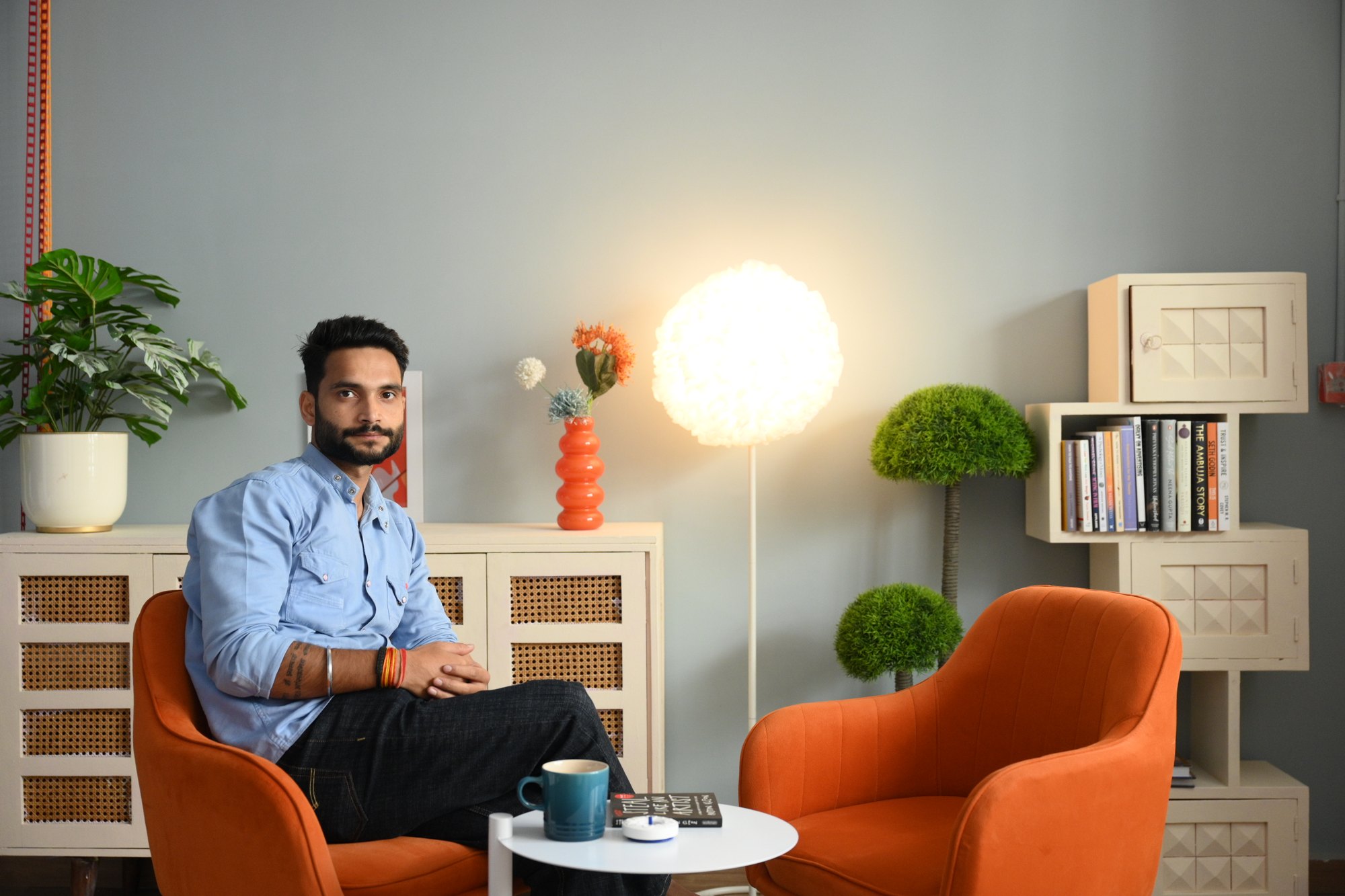 Interview set with a seated subject