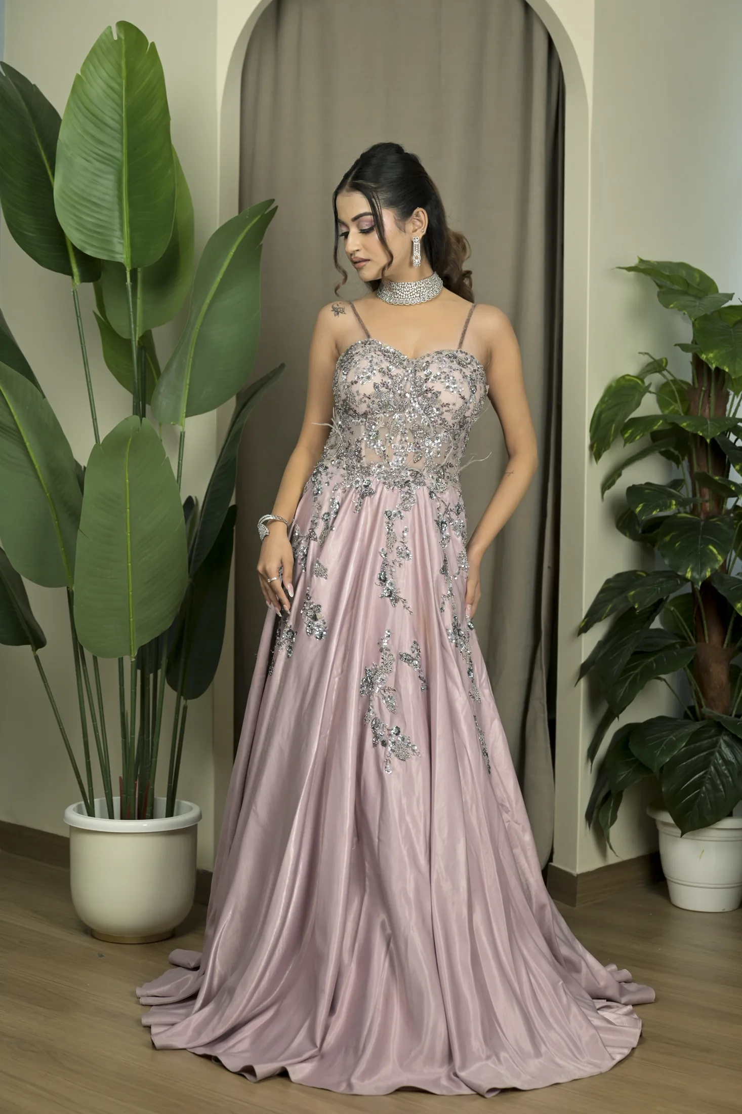 Full-length silver fashion look photographed in Noida