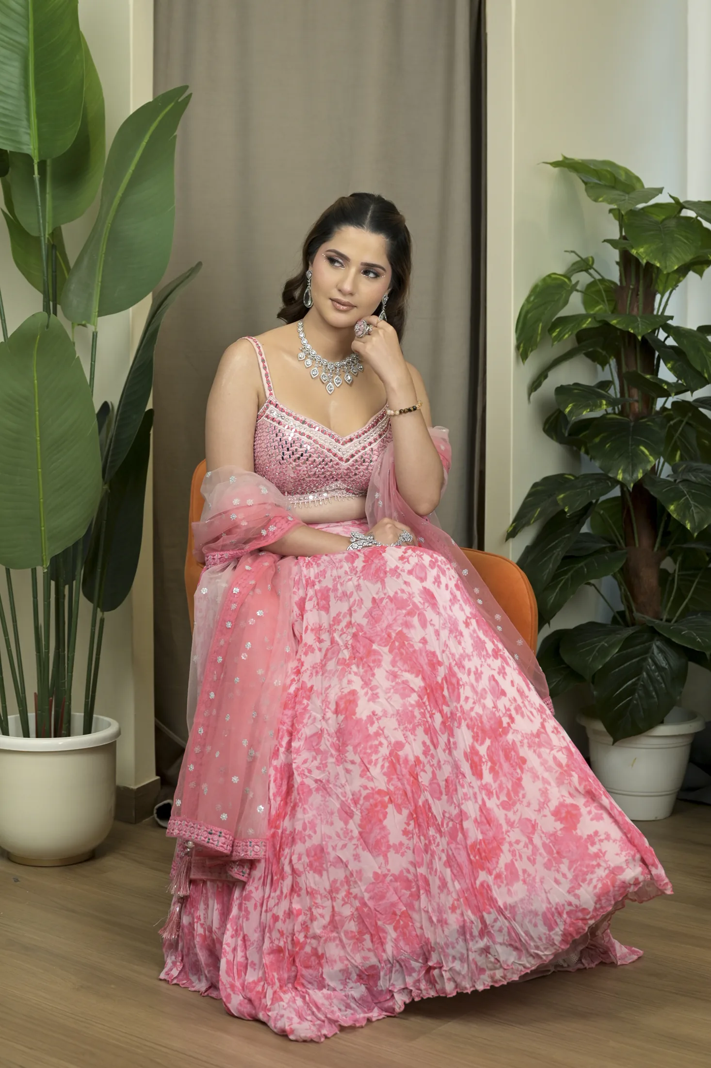 Full-length fashion portrait of a model in a pink outfit at Sooper Studios Noida